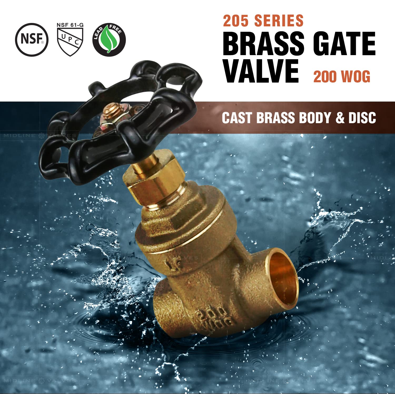 Midline Valve 427D223-5 Válvula de compuerta, conexión de sudor de 1 pulgada, latón fundido (paquete de 5), 1