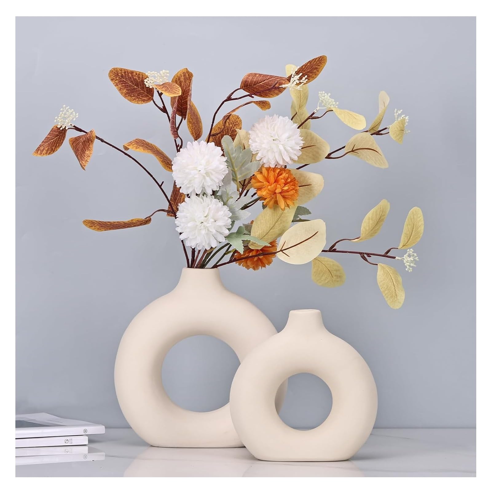 SPHINX Ceramic Donut Vase, White Flower Vase for Pampas Grass & Dried Flowers, Modern Home & Office Centerpiece, Elegant Gift Vase Only (Approx 6 and 8 Inches)