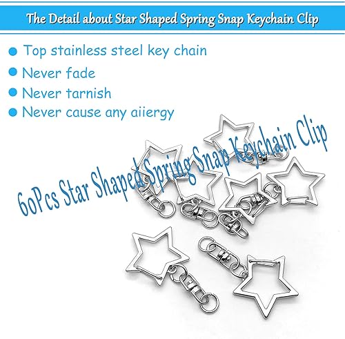 Miniatura 2 de 60 piezas de clip de llavero con resorte en forma de estrella, cierre giratorio de metal con hebilla colgante de cadena con conector de anillo