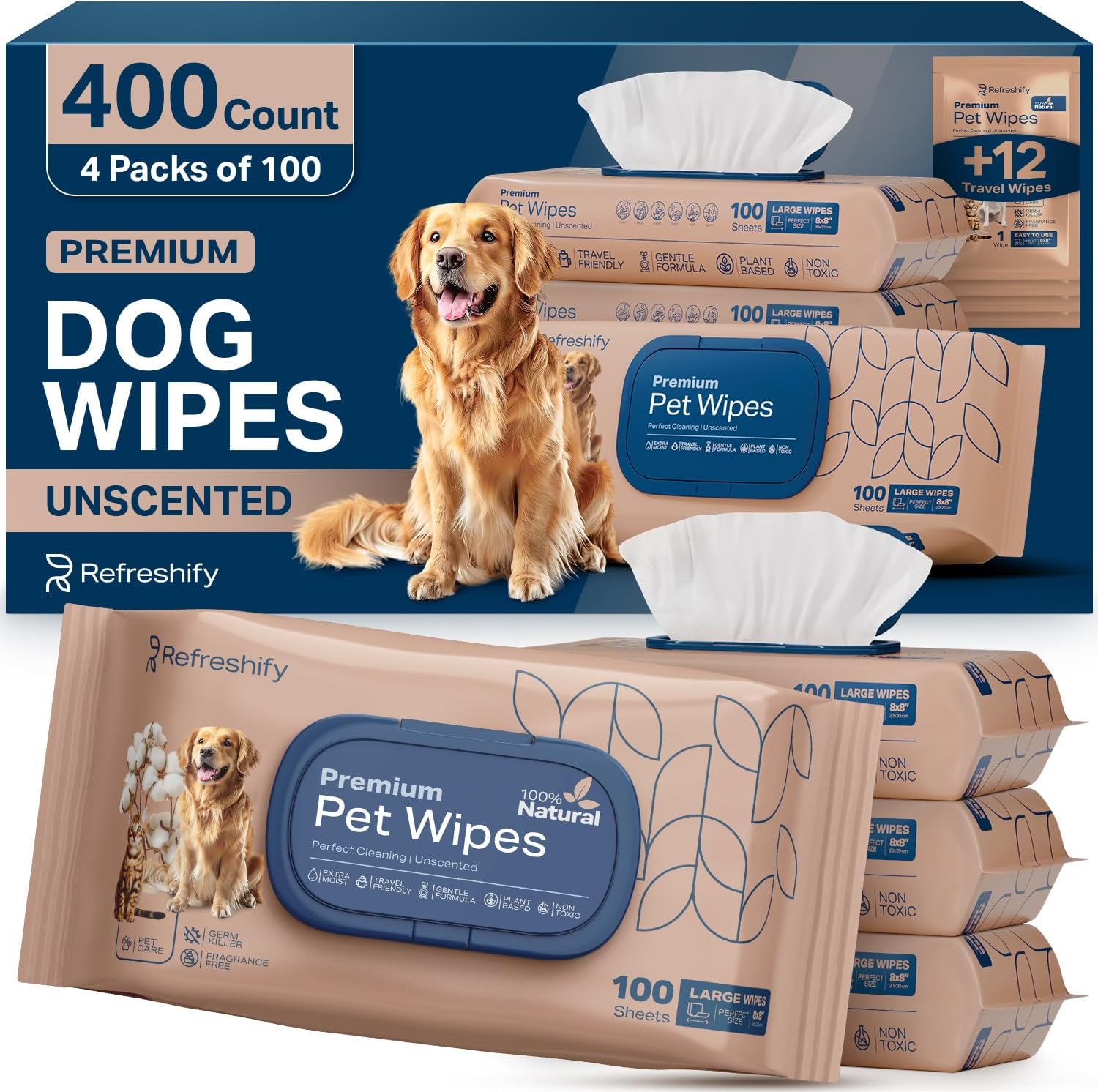 Dog Wipes for Paws and Butt - Plant Based Unscented (Pack of 400) - Pet Wipes for Dogs and Cats - Deodorizing Non Toxic Dog Wipes, +12 Additional Travel Wipes