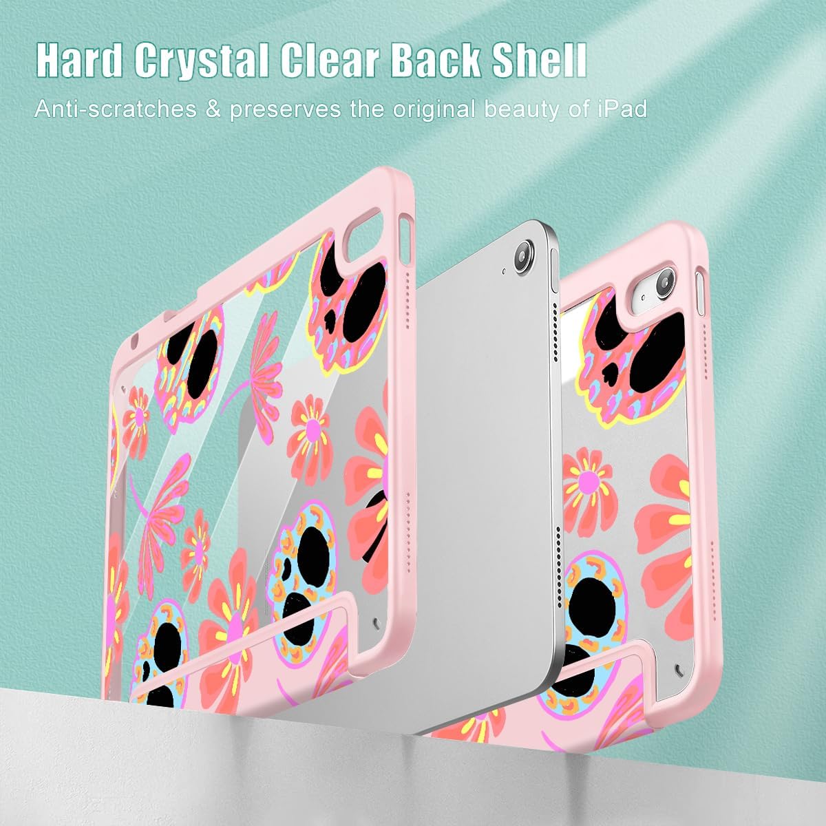 Mektron Case for 2026 iPad Air 13 inch M4 Cover Compatible 2025 iPad Air 13 inch M3 2024 iPad Air 13 inch M2 with Pencil Holder Shockproof Clear Shell, Skull & Flowers Pink