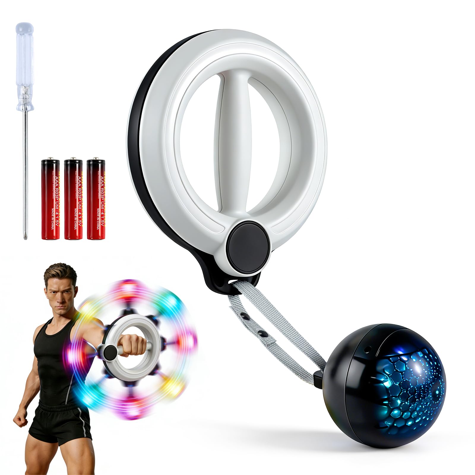 Entraîneur De Bras 360° Avec Boule LED – Intelligent, Portable, Muscles Avant-Bras, Épaules, Poitrine, Piles Incluses