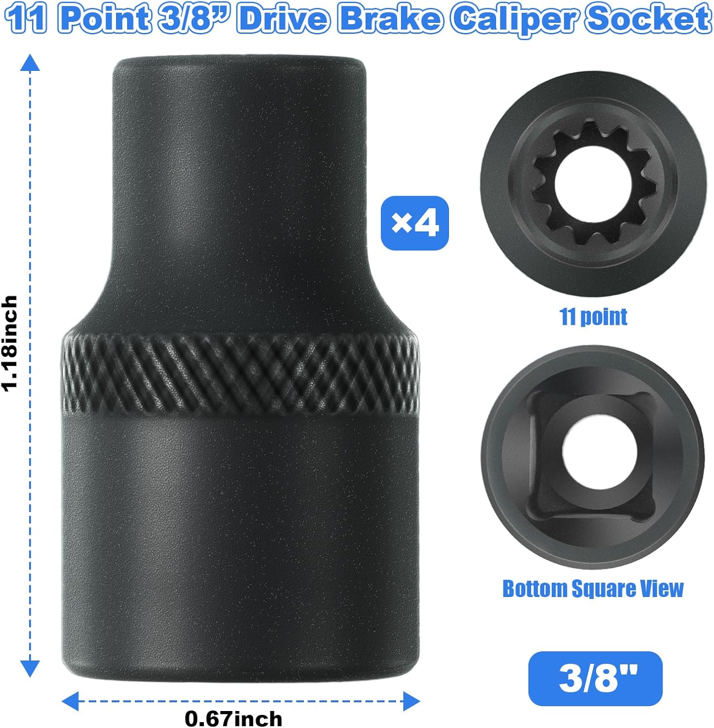 Feekoon 4 Pack 3/8" Brake Caliper 11 Point Socket Truck Brake Caliper Socket 3/8" Drive Replacement for European Trucks Compatible with Bendix Adb 22x, Adb 225, Sn6, Sn7, Sk7 Air Disc Calipers