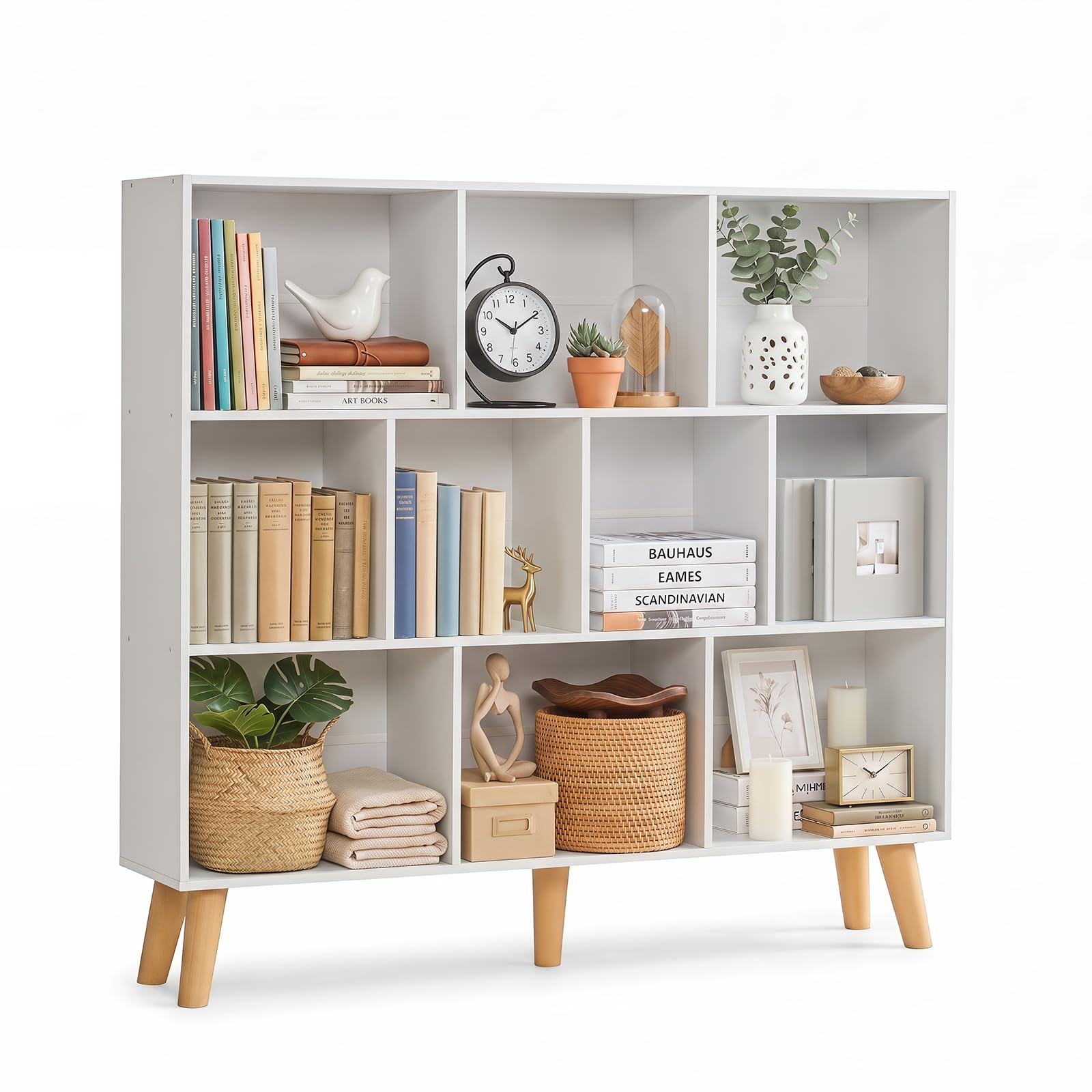 YAHARBO 10 Cube White Bookshelf,3 Tier Book Shelf with Legs,Modern Minimalist Bookcase,Open Book Shelves Storage Organizer,Frees Standing Wooden Display Bookcases for Small Space,Bedroom,Living Room