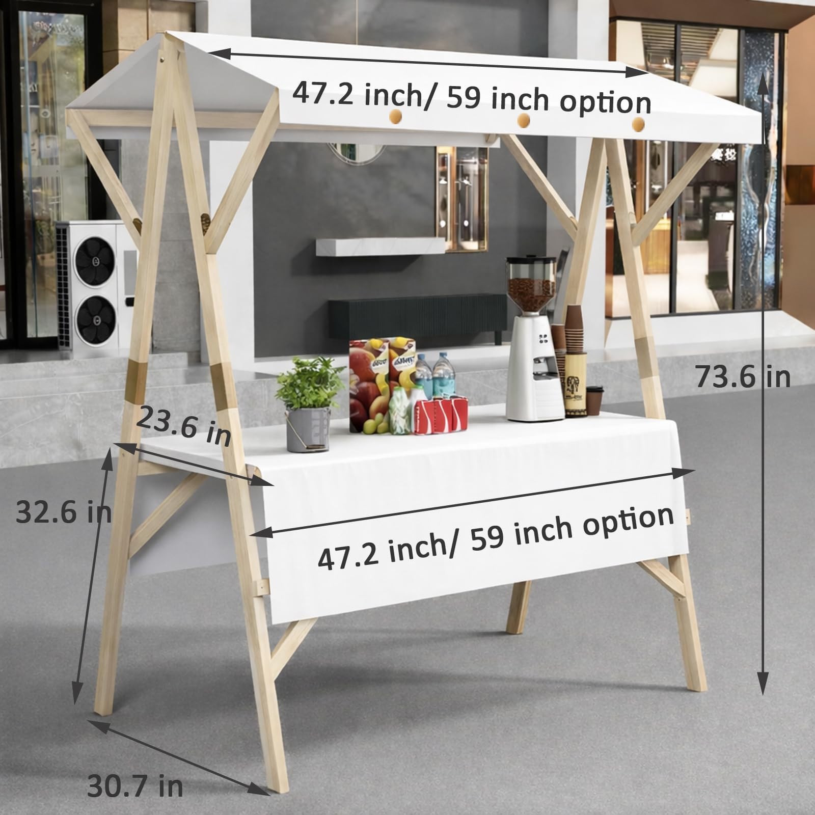 Puesto de Venta Ambulante Plegable con Estructura de Madera Maciza, Capacidad de Carga de 100 kg, toldo Impermeable, fácil Montaje y Carrito portátil para Venta en mercados agrícolas (Blanco