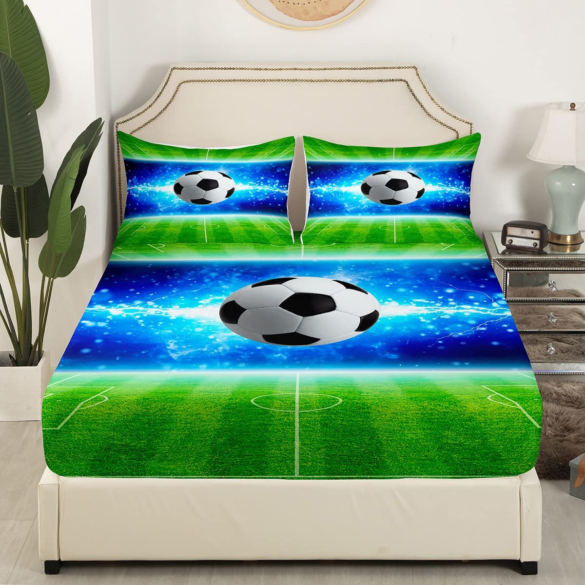 Football Kids Fitted Sheet Double Size, American Soccer Bed Cover with 2 Pillowcases - Image 3
