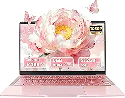 Laptop em ouro rosa de 14 polegadas, processador quad-core J4105, tela FHD IPS, 6 GB de RAM 512 GB SSD, PC Win 11 Pro, notebook ultraleve para viagens, aulas online, trabalho e estudo