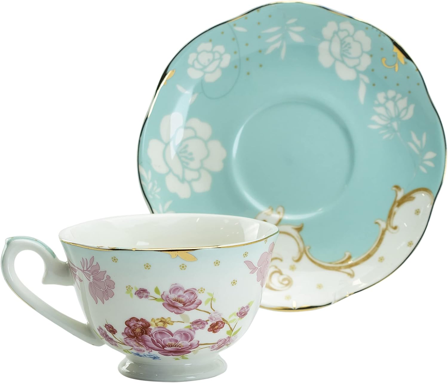 Gracie China by Coastline Imports Jardin D'oiseaux Porcelain Teacup Set of 4 Tea Cup and Saucer, 6-Ounce, Pink Blue