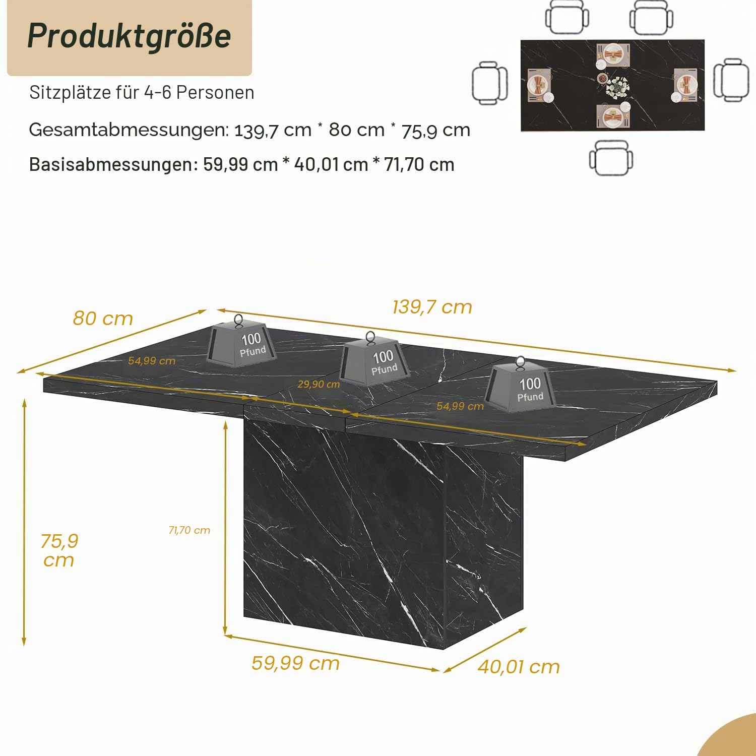 HSH Esstisch Klein Esszimmertisch für 4 6 Personen 140 x 75 x 76 cm Schwarz
