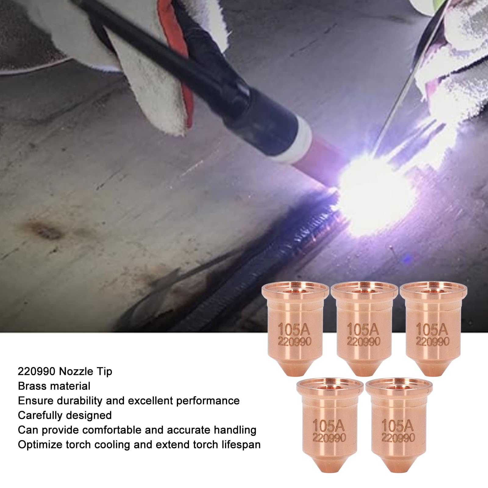 5 Pcs 220990 105A Nozzle Tip, Brass Plasma Cutting Torch Nozzle Tips for PMX 65 85 125A Consumables, Carefully Engineered with Optimized Torch Cooling
