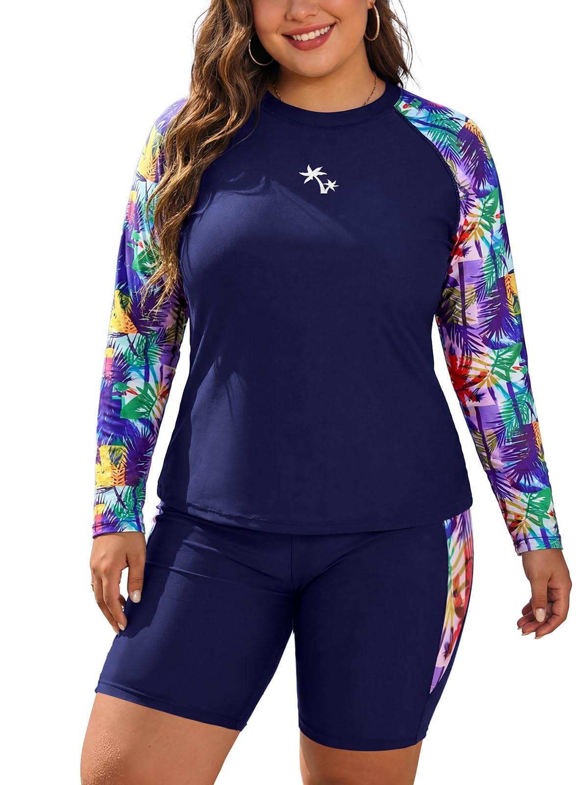 SHEKINI Conjunto de 2 piezas de camiseta de natación y pantalones cortos de manga larga para mujer, talla grande, protección solar, traje de baño de surf