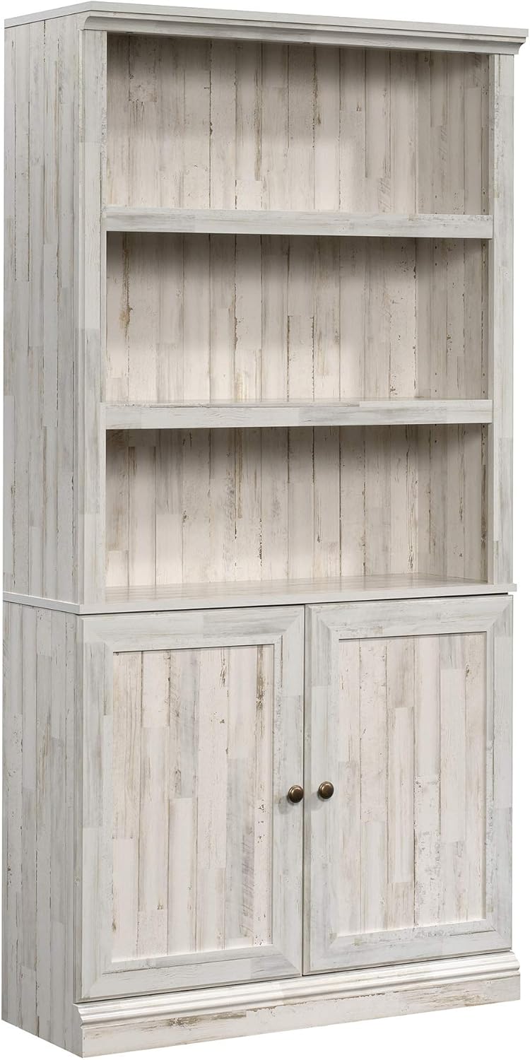 Adjustable White Plank 3-Shelf Bookcase with Doors