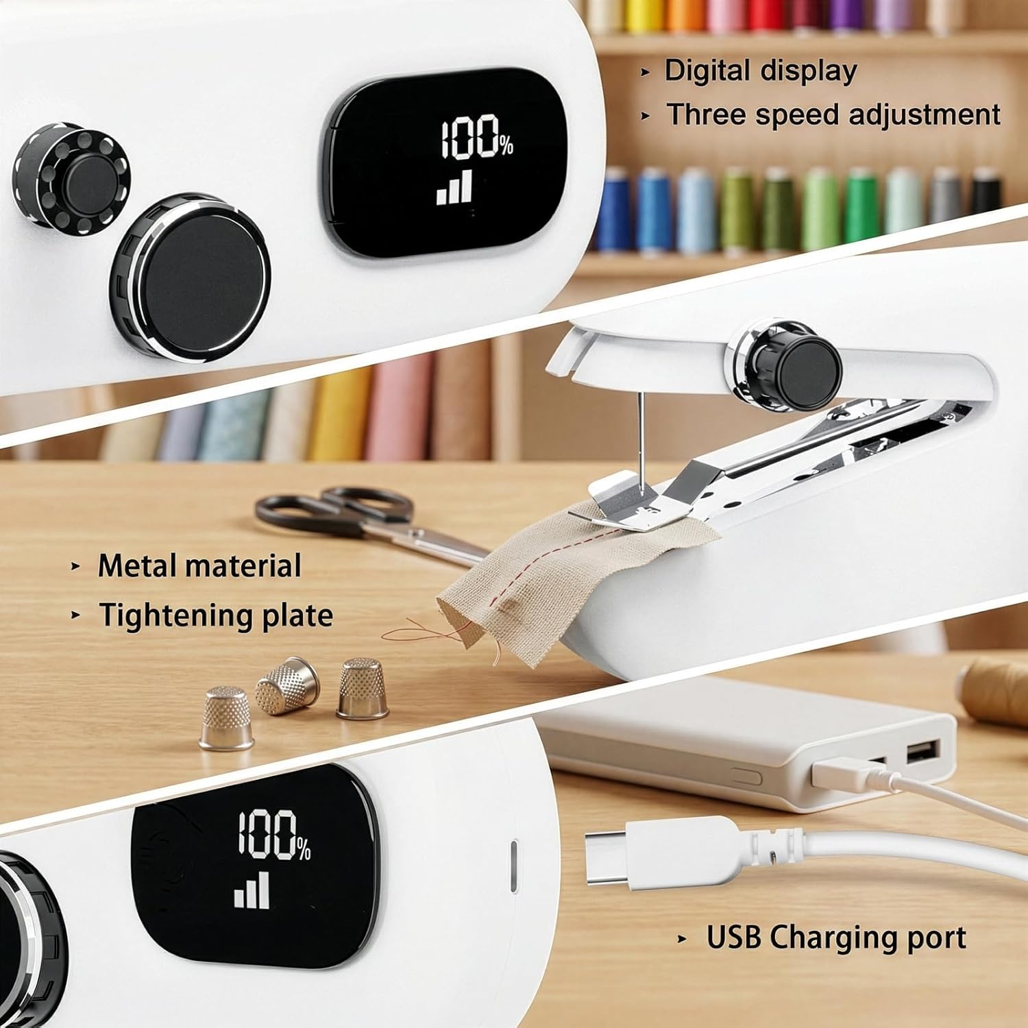 Handheld Sewing Machine, Portable Mini Sewing Machine with Smart LCD Display, 3-Speed Adjustable Electric Stitcher, USB-C Rechargeable Cordless Sewing Tool for Beginners, DIY Home, Fabric, Clothes