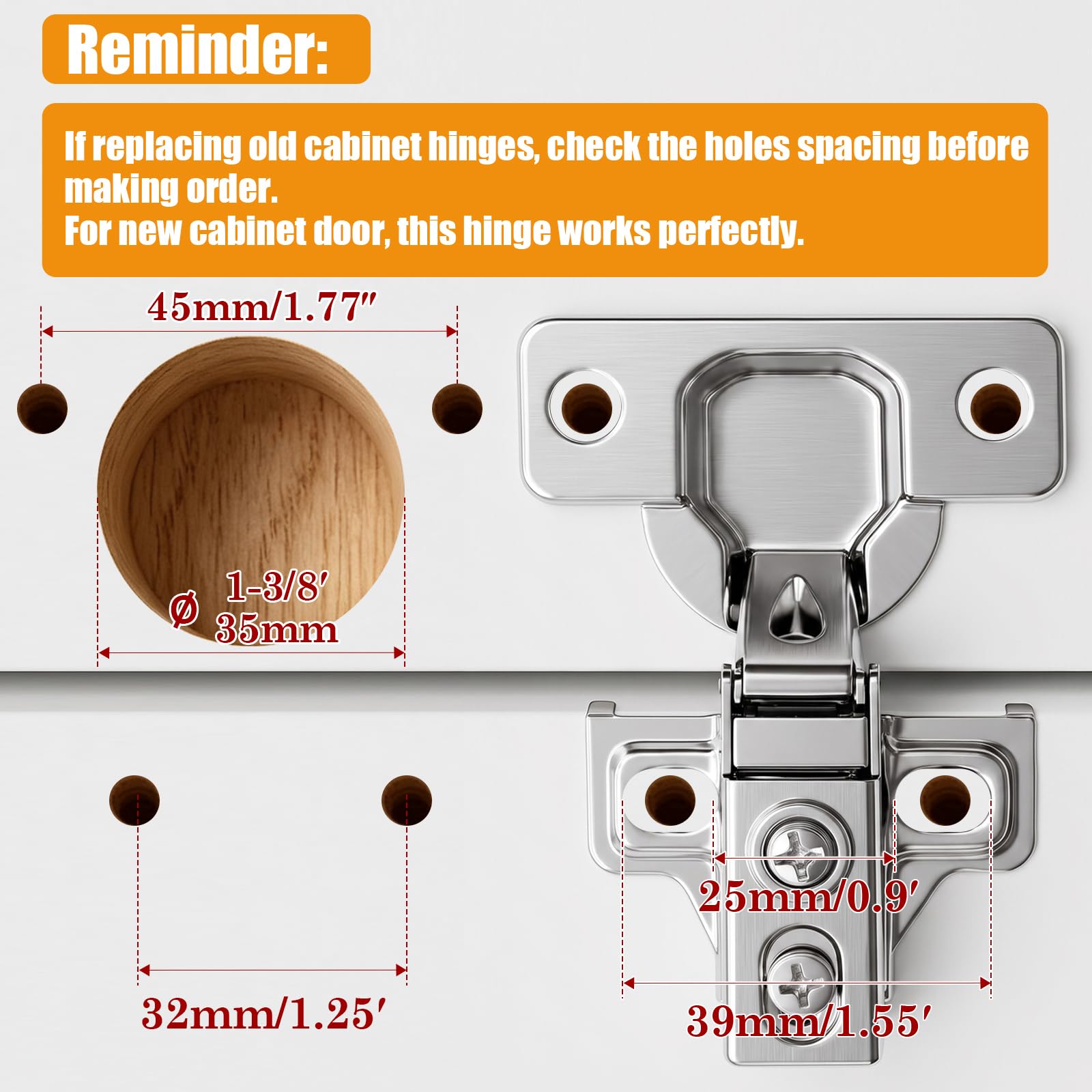 Confezione da 24 cerniere per ante di armadietti da cucina, cerniere nascoste, in acciaio inox, chiusura automatica, chiusura automatica, fori per viti, distanza della tazza: 45 mm