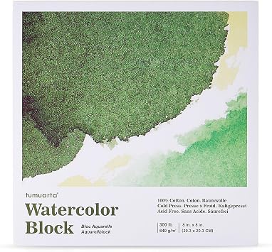 tumuarta Watercolor Block 300 LB, 640 GSM, 100% Cotton, 8X8, 10 Sheets, Acid Free, Cold Press, Watercolor Paper Board Sketch Books for Watercolors, Acrylic and More