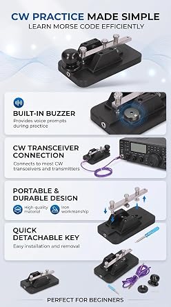 Keenso Morse Code Key Telegraph Manual CW Practice Tool Trainer with Buzzer for Beginner, ABS + Iron Black, for Morse Code Learning