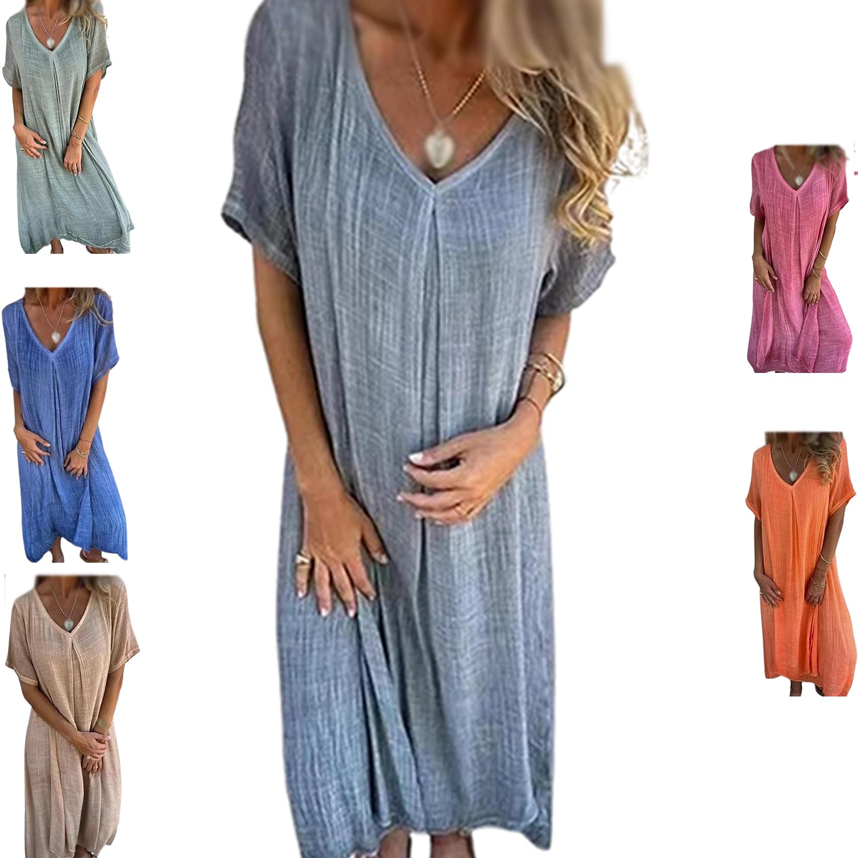 Frontaley Cotton and Linen V-Neck Midi Dress, Solid Casual Dress, Comfortable Holiday Style (Gray,13XL)
