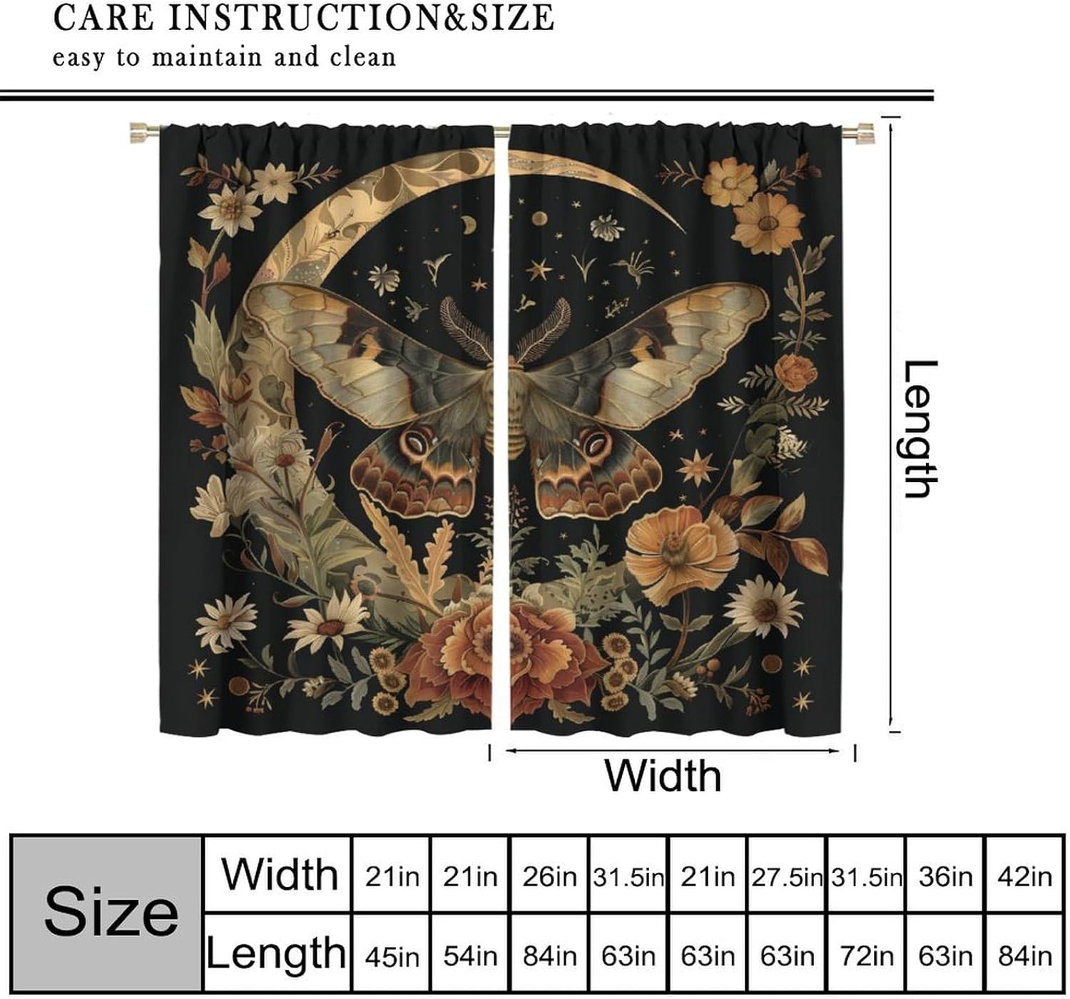 YungHo Moth Butterfly Moon Phase Curtain, Black Moonlit Night Mysterious Witchy Boho Cryptid Plant Gothic Blackout Window Treatment 42" W x 84" L x2