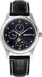 Relógio masculino multifuncional de quartzo com calendário e fase da lua – caixa de aço inoxidável e pulseira de couro, Preto, Relógio de quartzo