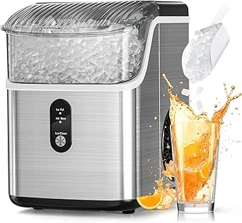 Nugget Ice Makers Countertop, Pebble Ice Machine with Chewable Pellet Ice, 34Lbs/24H, Self-Cleaning, Sonic Ice, One-Click Operation, for Kitchen,Office Stainless Steel Silver