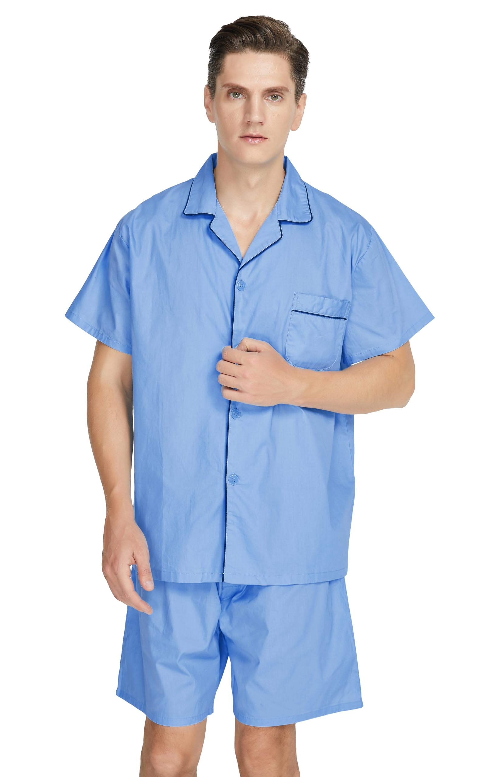 Mens Cotton Pajamas Short Sleeve Pajama Set Woven Sleepwear Loungewear