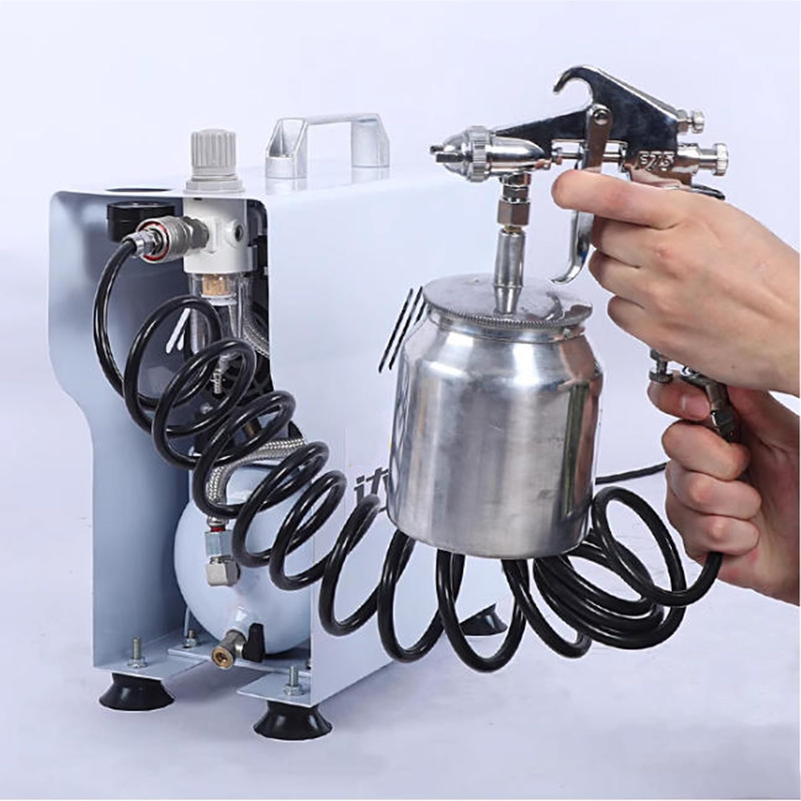Compresor de aerógrafo, sin aceite con tanque de 4 litros, regulador, trampa de humedad, caudal de 48 l/min, ideal para pasatiempos, pintura y maquillaje
