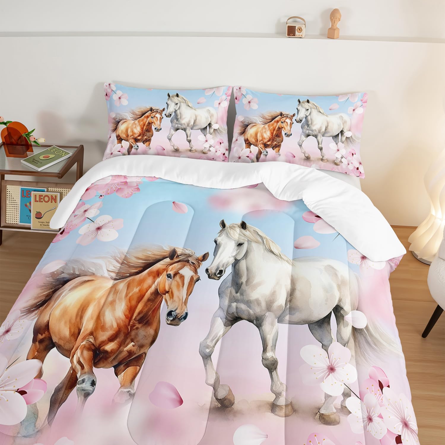 HOSIMA Galloping Brown White Horse Full Size Comforter Set Pink Cherry Blossom Bedding 3Pcs,Animal Toddler Bed Comforter Sets for Girls Boys Farmhouse Comforter Kids Room Decor Aesthetic. - Image 5