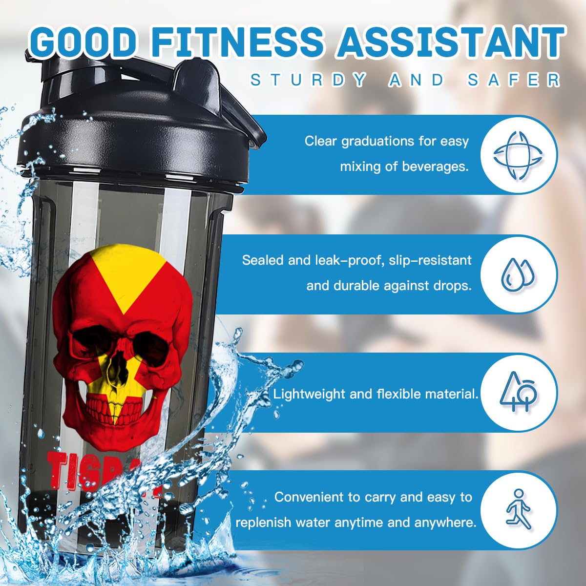 Skull Tigray Flag 18 Ounce Shaker Cup,Fashion Theme Pattern Shaker Bottle Leak-proof Workout Shake Bottles 500ML/18 oz Perfect for Pre Workout