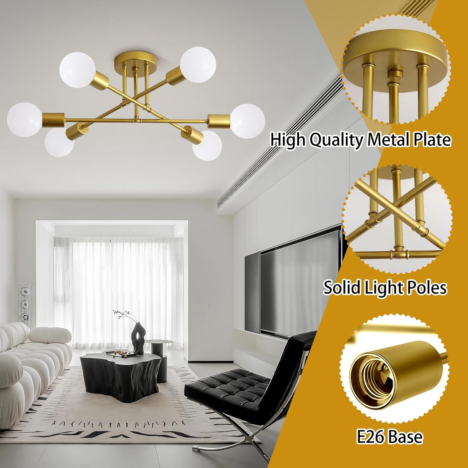 Ceiling Light Fixture, 6-Light Ceiling Light Chandelier, Modern Dinning Room Light Fixture, Sputnik Gold Light Fixtures Ceiling Mount, Semi Flush Mount Ceiling Light Fixtures for Living Room