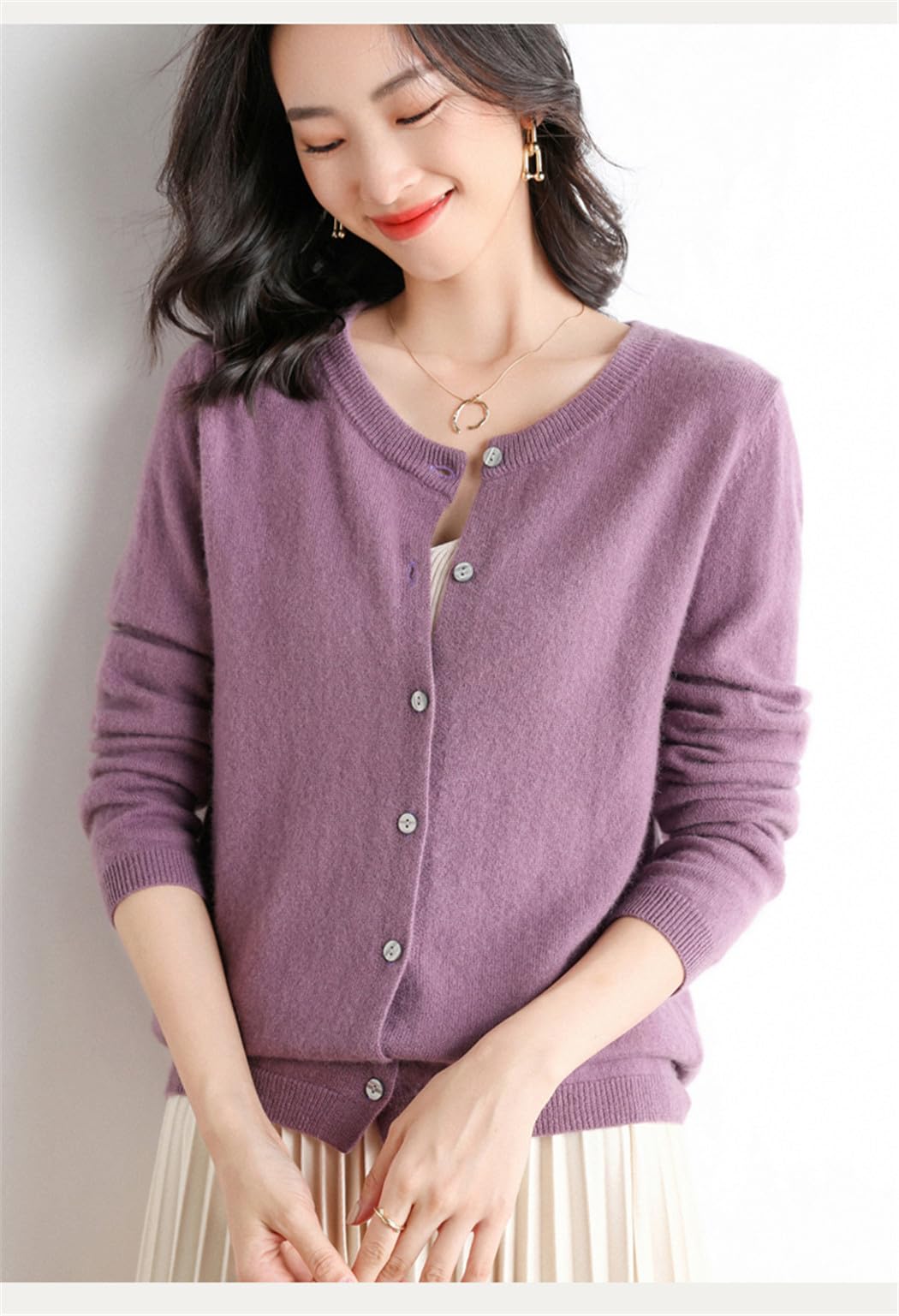 Cárdigan De Punto De Lana con Cuello Redondo para Mujer, Chaqueta De Punto con Botones, Fina, Holgada, De Manga Larga, para Primavera Y Otoño