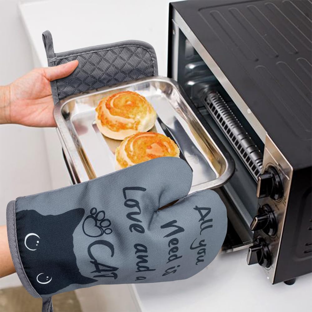 zcyhtqp, All You Need is Love and A Cat, Funny Silicone Non-Slip Oven Mitts and Pot Holders Sets of 2, Cat Oven Mitts, Bake Lover Gift, Kitchen Gift for Cat Owner - Image 3