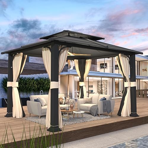 EROMMY Cenador de acero metálico de 10 x 12 pies, toldo de aluminio para exteriores con malla y cortinas sombreadas, pérgolas de doble techo,