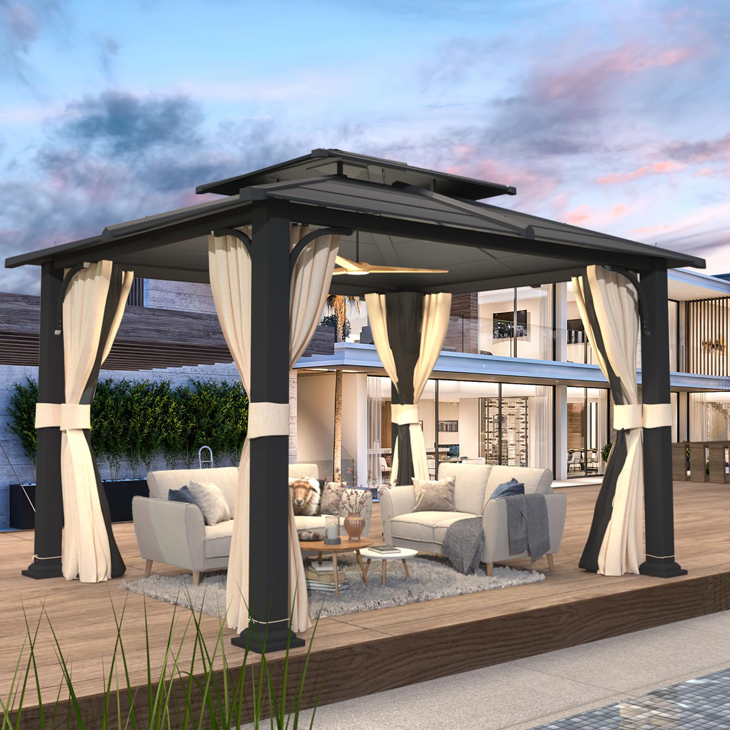 EROMMY 10'x12' Hardtop Gazebo, Double Metal Roof Canopy with Aluminum Frame, Netting and Shaded Curtains Included, Permanent Pavilion Gazebos for Patio, Backyard, Deck, Lawn, Poolside