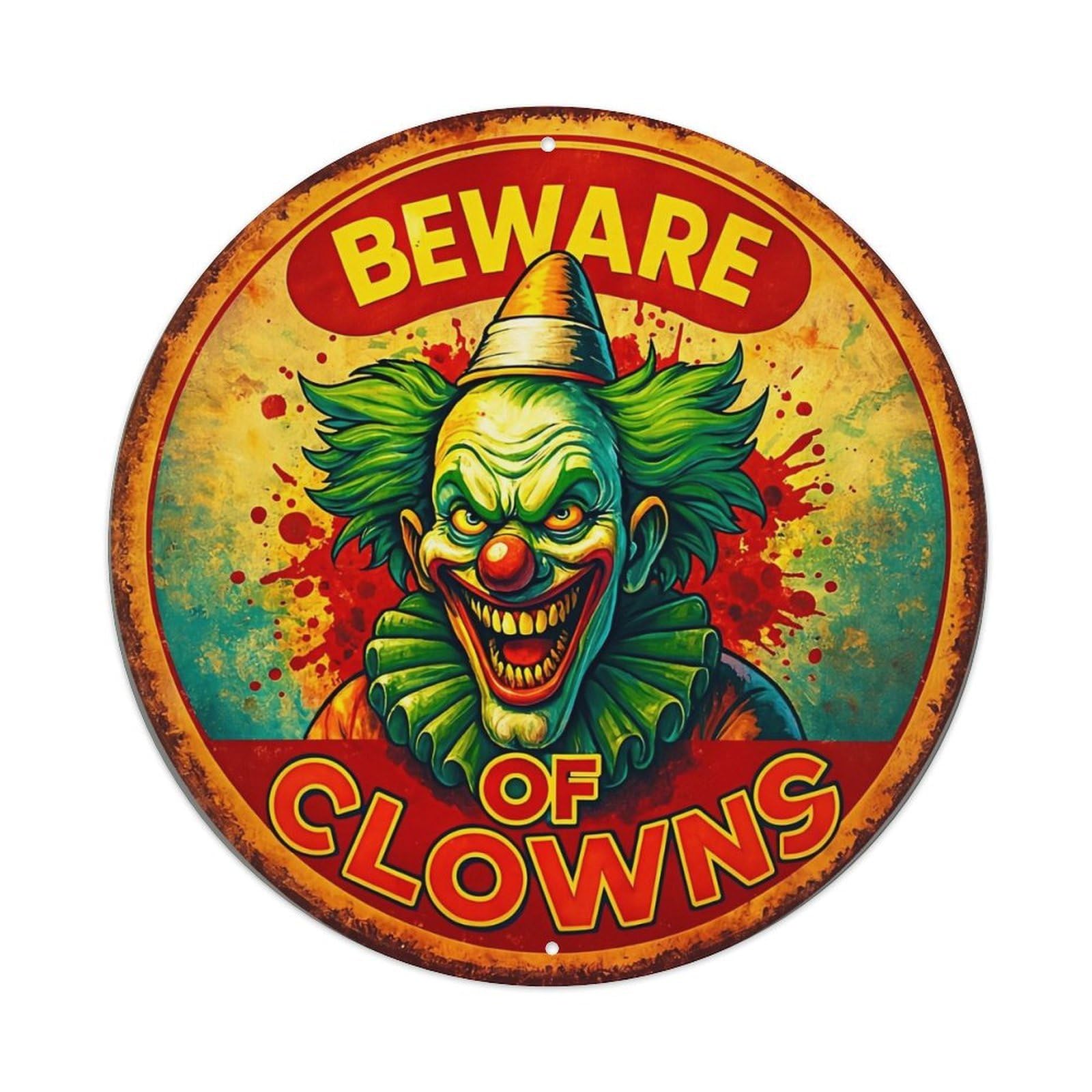 Beware Of Clowns Sign Pattern_1 Round Metal Tin Sign Vintage Wall Decor, Bar Garage Cafe Kitchen Home Wall Art Poster 8x8inches