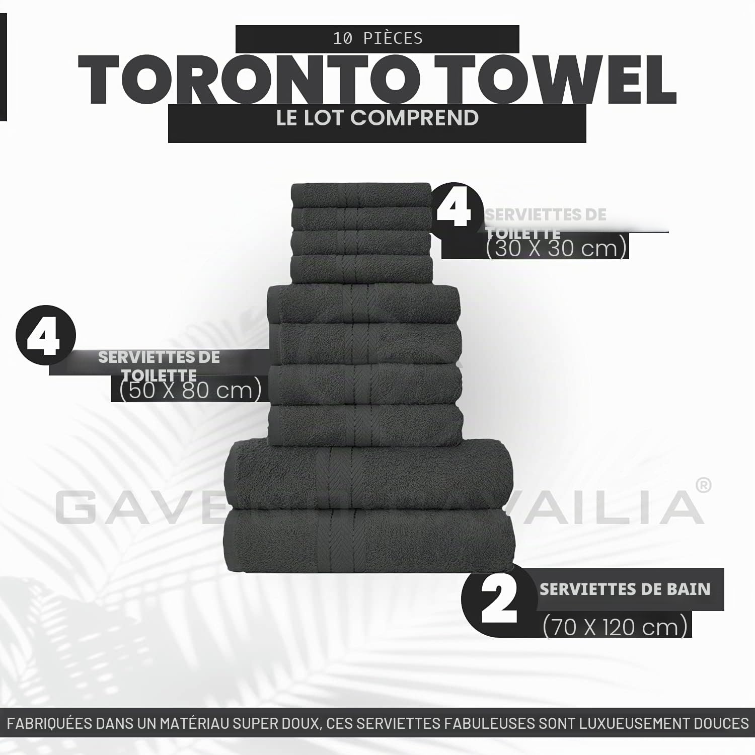 GC GAVENO CAVAILIA Lions Towels Lot de 10 serviettes de bain 100 % coton égyptien 4 visage 4 mains 2 serviettes de bain, de qualité supérieure, très absorbantes, lavables en machine, Charbon, Standard