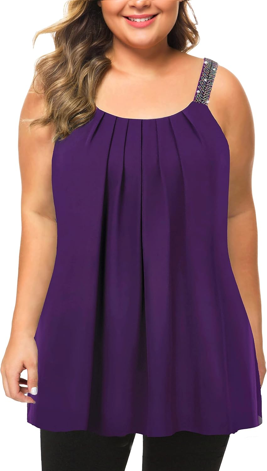 MANER Women's Plus Size Cami Casual Pleated Chiffon Tank Top with Beaded Strap Medium Purple