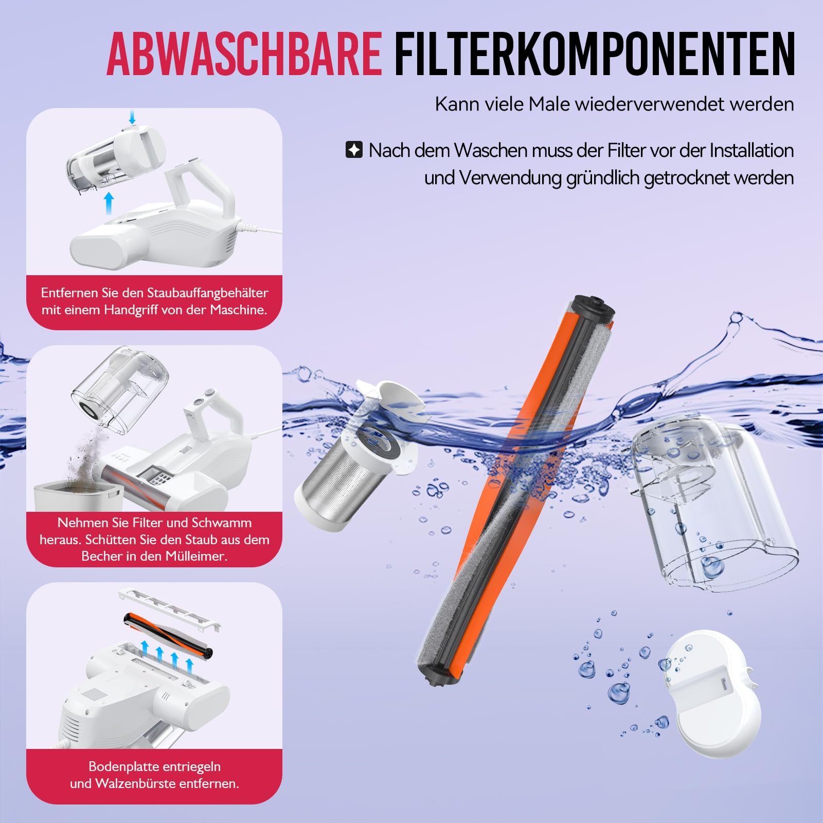 Milbensauger für Matratzen mit UV-Licht, 16KPa, HEPA-Filter, Heißluftfunktion, Staubmilben-Sensor, 600W Handstaubsauger (Weiß)