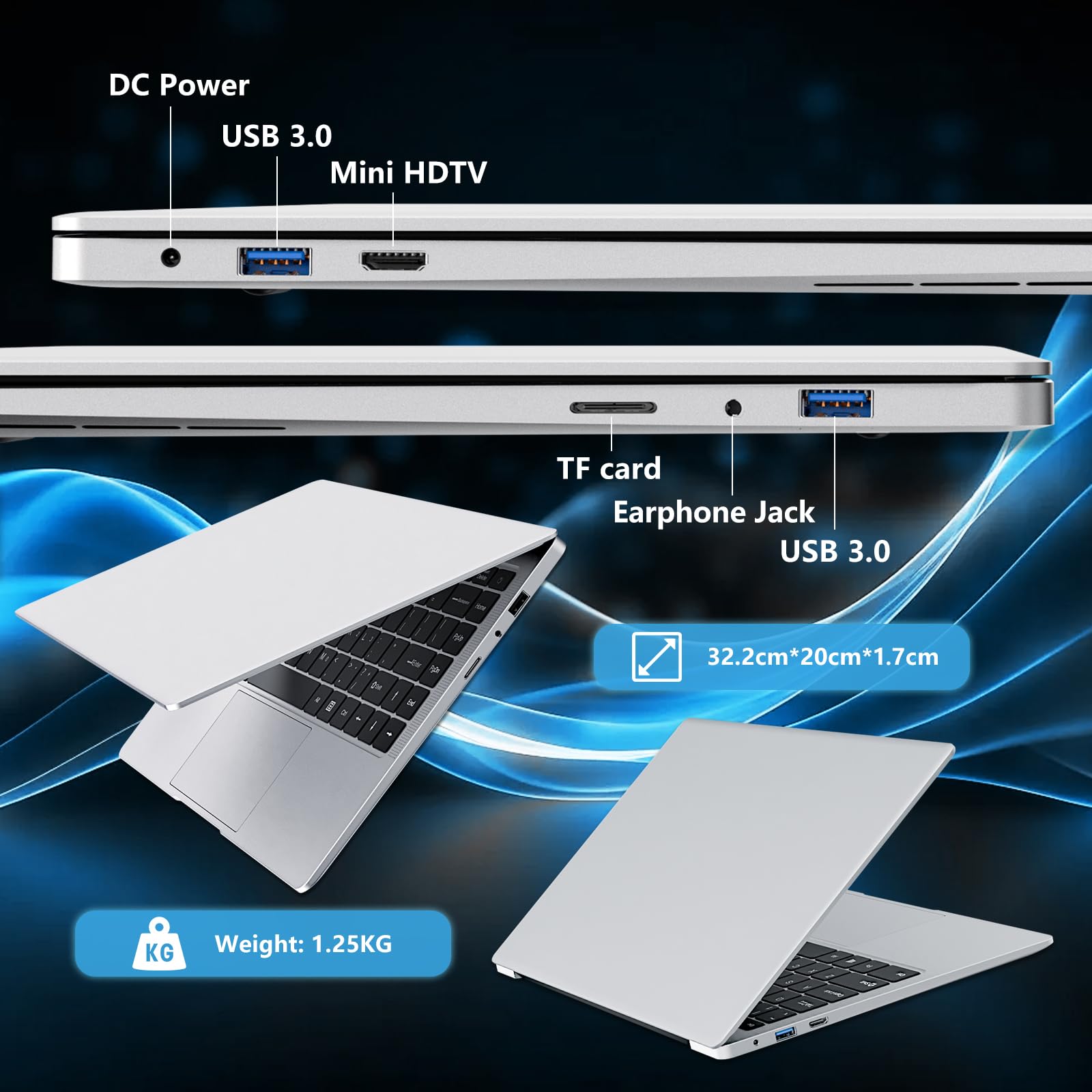 Ekonavi PC Portatile da 14,1 pollici, Notebook Celeron N4000 SSD da 256 GB RAM LPDDR4 da 6 GB, schermo FHD 180°, Laptop con mini-HDMI, 2*USB3.0 Computer PC sottile e leggero color argento