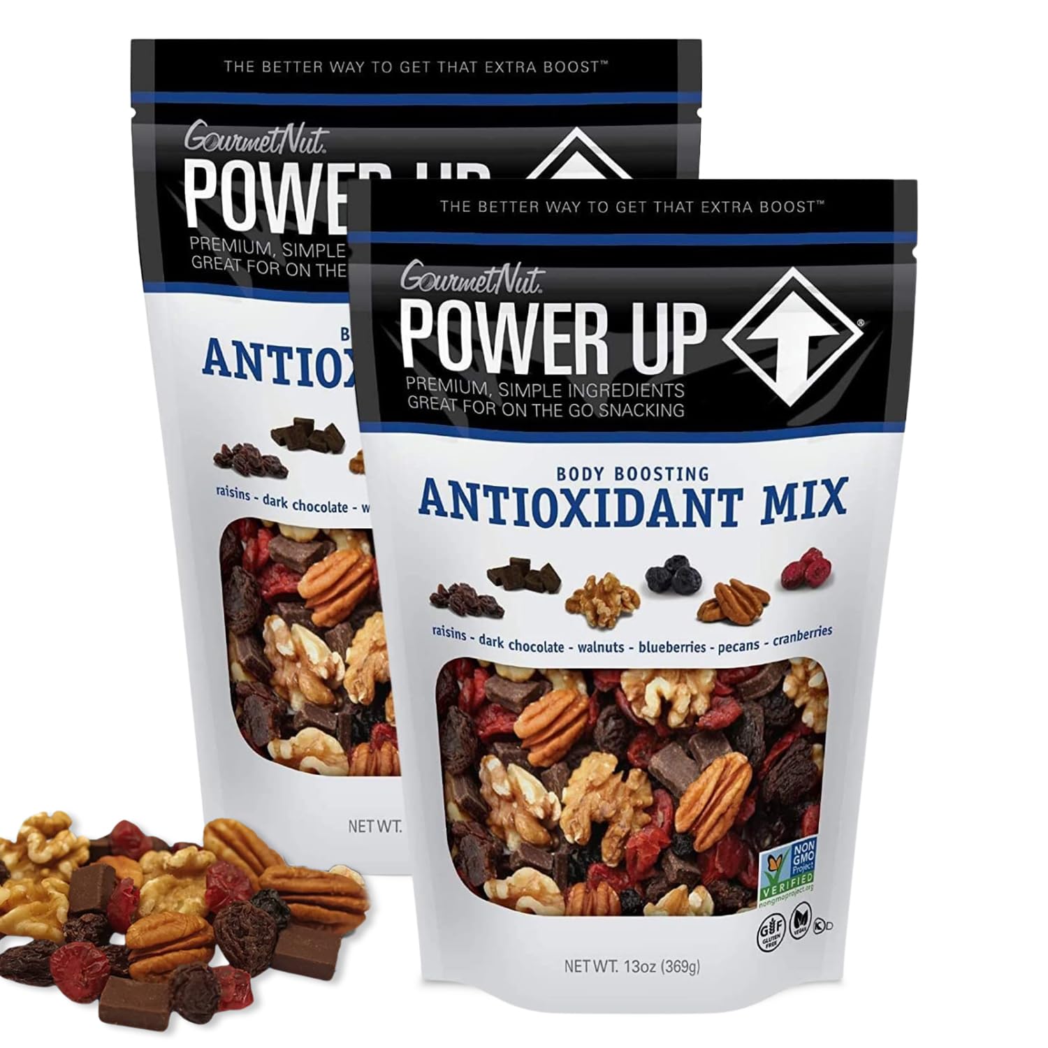 GourmetNut Power Up Antioxidant Trail Mix – 2PCs 13Oz Assorted Nuts Trail Mix Bulk with Raisins, Dark Chocolate, Walnuts, Blueberries, Pecans, Cranberries – Delicious Dried Fruit Mix Nuts Snack Packs
