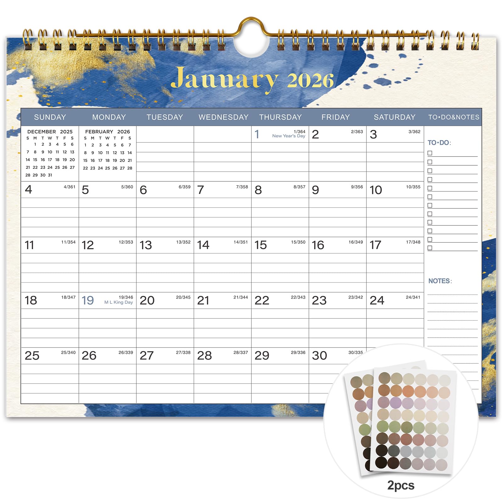 Vibrant Focus 2026 Calendar - 12 Monthly Wall Calendar 2026, January 2026 - December 2026,11.5" x 14.8", 2026 Calendar with Twin-Wire Binding, Hanging