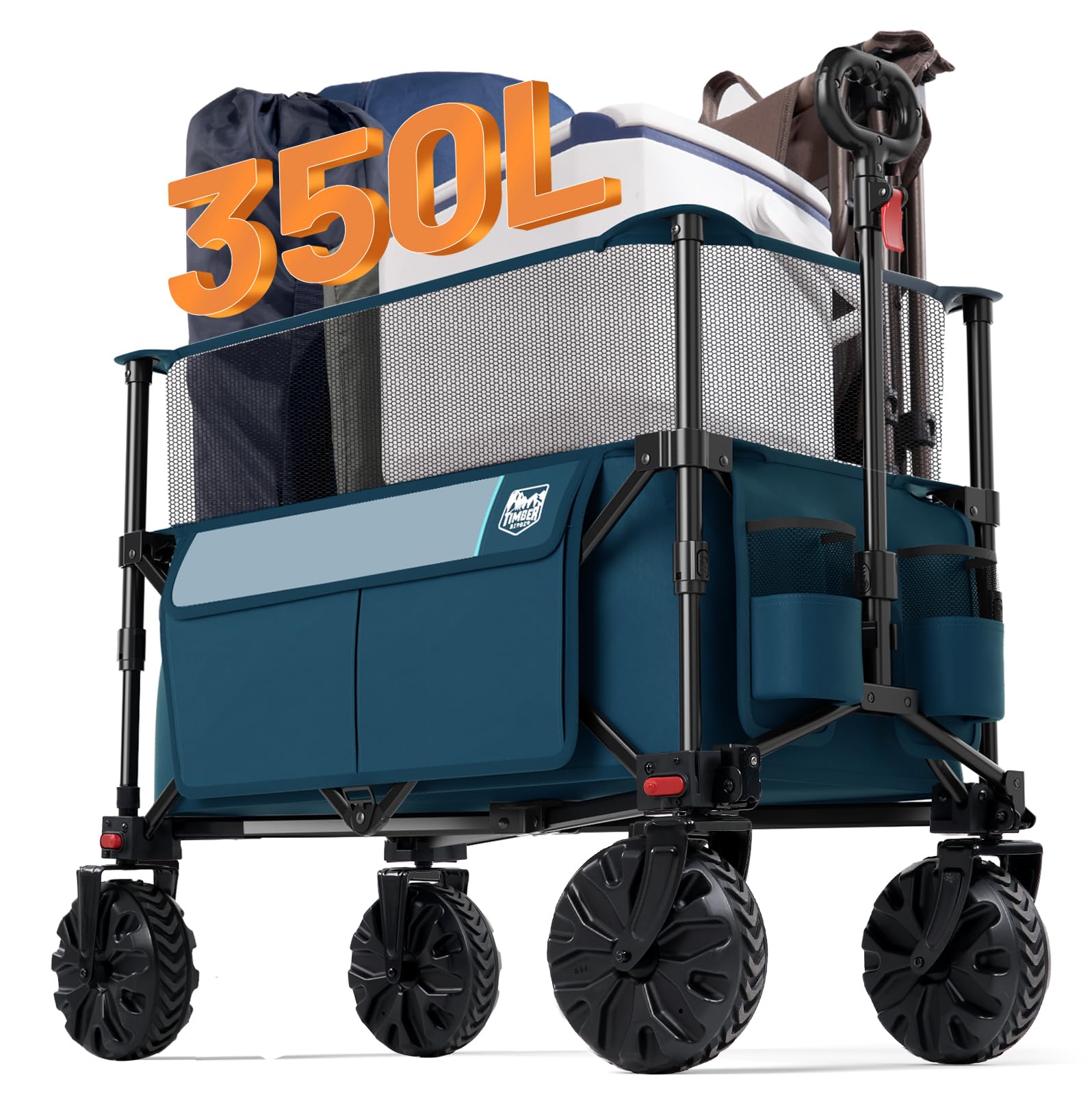 TIMBER RIDGE Foldable Wagon 350L Extendable Height, Large Capasity Collapsible Wagon Cart with All Terrians Detachable Wheels, Compact Folding Utility Wagon for Camping, Fishing, Shopping Navy