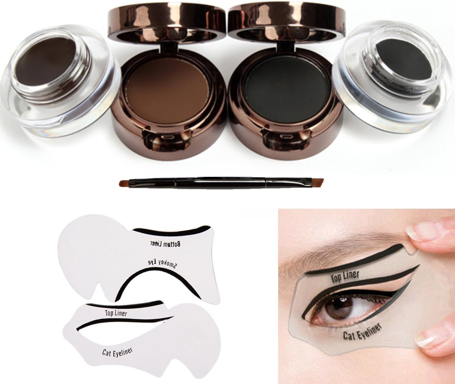 Lover Bar Waterproof 4 in 1 Gel Eyeliner and Eye Brow Powder Kit Brown and Black-Beauty Cosmetics Make Up Long-lasting Shadow Gel Cream Eye Liners with Makeup Brush Set + Cat Shaping Eye Liner Stencil