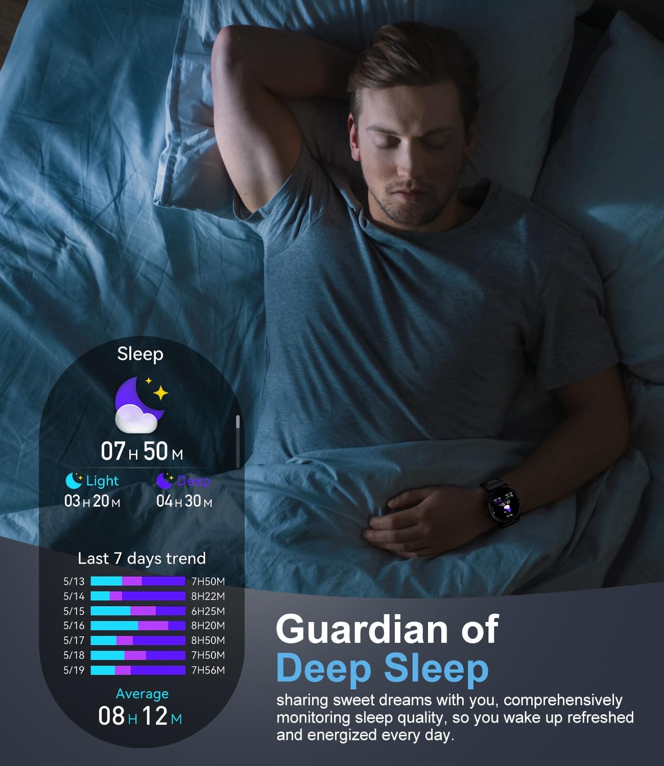 Person sleeping with the LIGE Smart Watch, showing a sleep tracking interface with sleep duration and trends.
