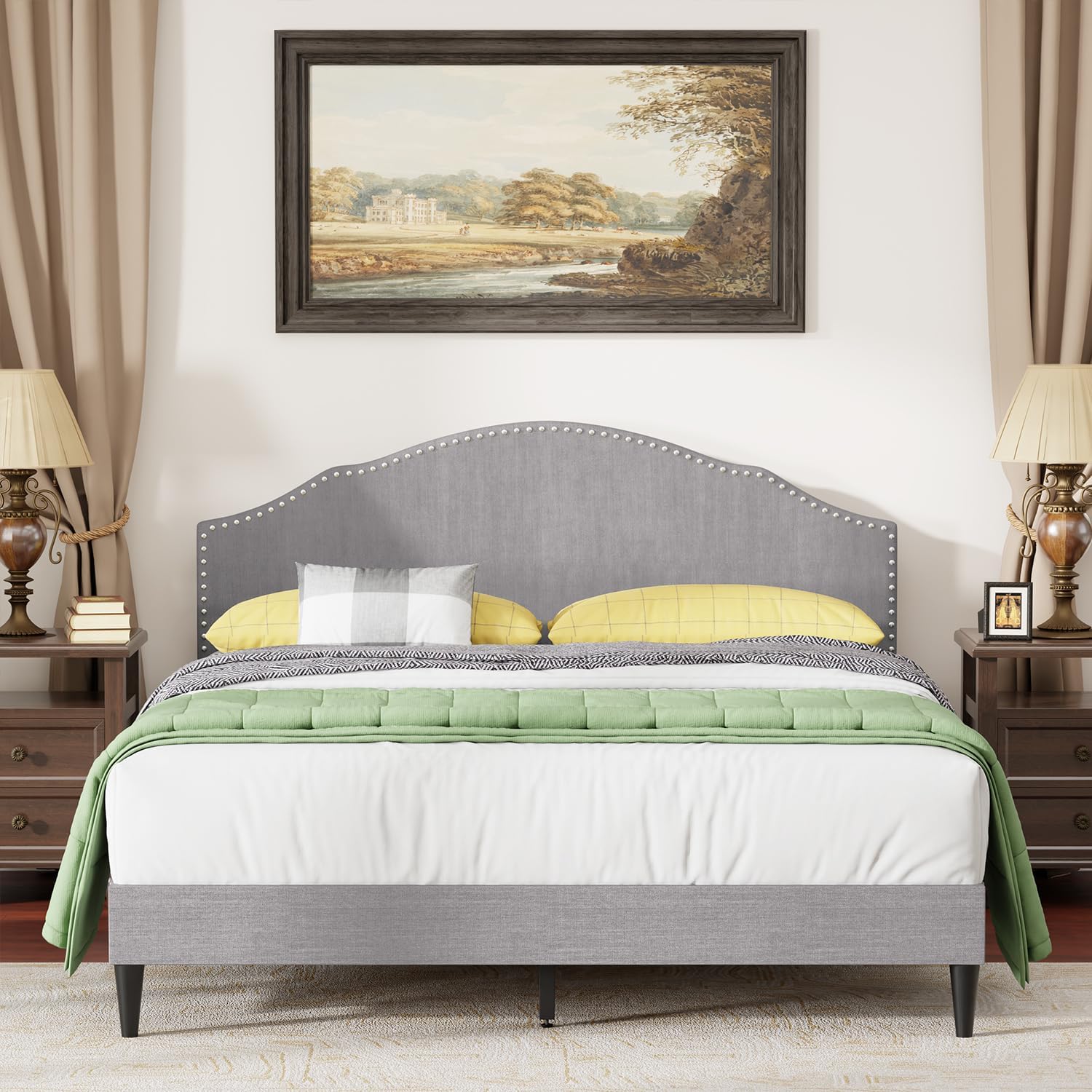 PayLessHere Queen Size Upholstered Platform Bed Frame Fully Upholstered with Fabric Headboard, Wooden Slats, No Box Spring Needed, Non-Slip & Noise-Free Design