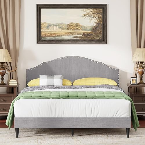 Miniatura 3 de PayLessHere Base de cama tapizada tamaño Queen totalmente tapizada con cabecera de tela, listones de madera, no necesita somier, diseño
