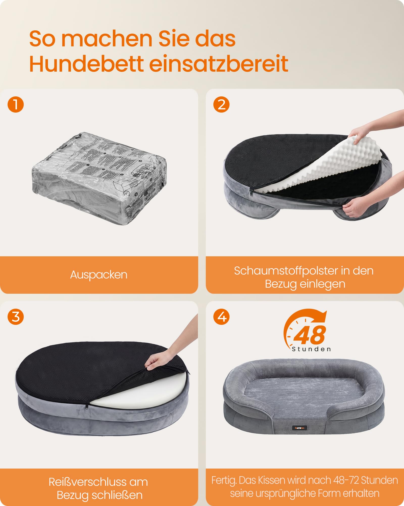 Feandrea Hundebett, orthopädisch, für mittelgroße Hunde, 91 x 68 x 18 cm | Hundekissen, wasserdichte Innenschicht, erhöhte Ränder, abnehmbarer, waschbarer Bezug, rutschfest, hellgrau PGW282G01