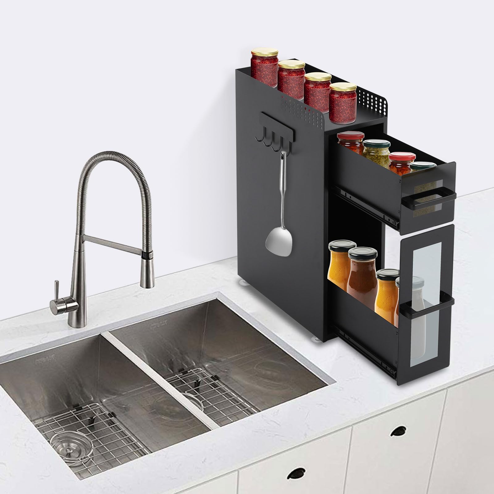 Scaffale per spezie a 3 ripiani, allungabile, portaspezie, da cucina, per piano di lavoro da cucina, portaspezie da cucina, per armadietti, cucina, con cassetto