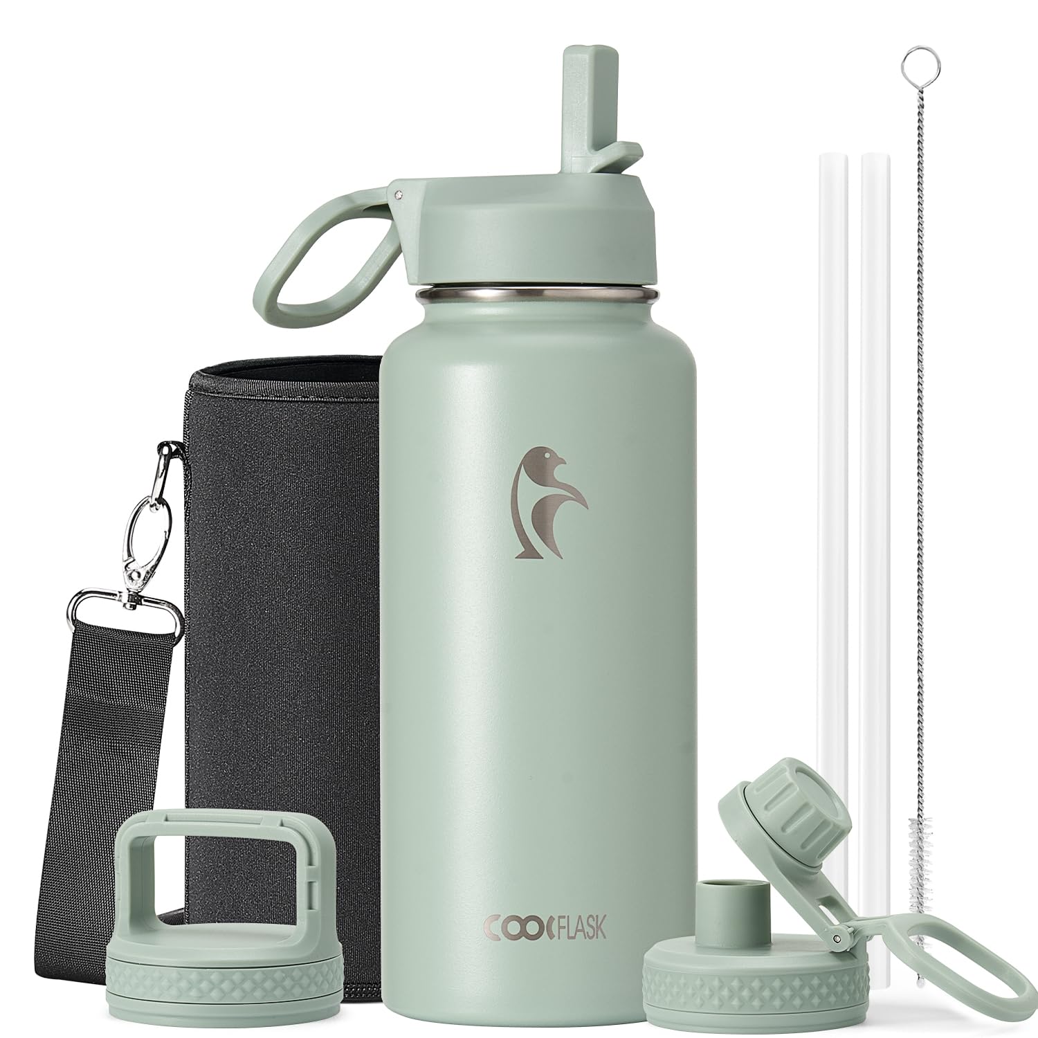 Coolflask Isolierte Wasserflasche, Doppeltes Vakuum Auslaufsicher, Leicht zu reinigen, Wasserflasche mit Strohhalm, 3 Deckeln, Thermosflaschen aus Edelstahl für Sport Büro