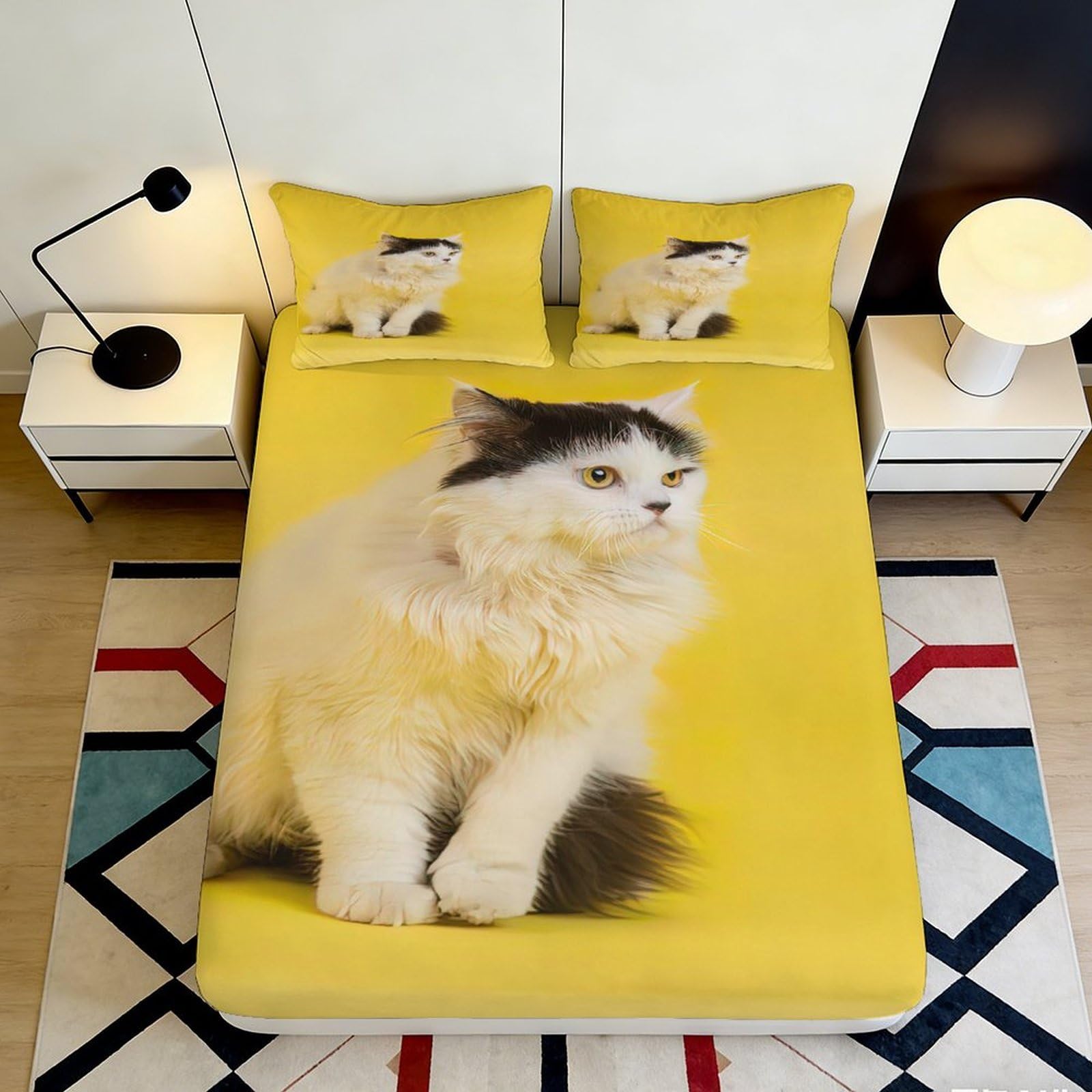3D Printed Cat Portrait Fitted Sheet Microfiber Soft Yellow Bed Cover for Bedroom Dorm Mattress Protection Decor 200x200x25cm
