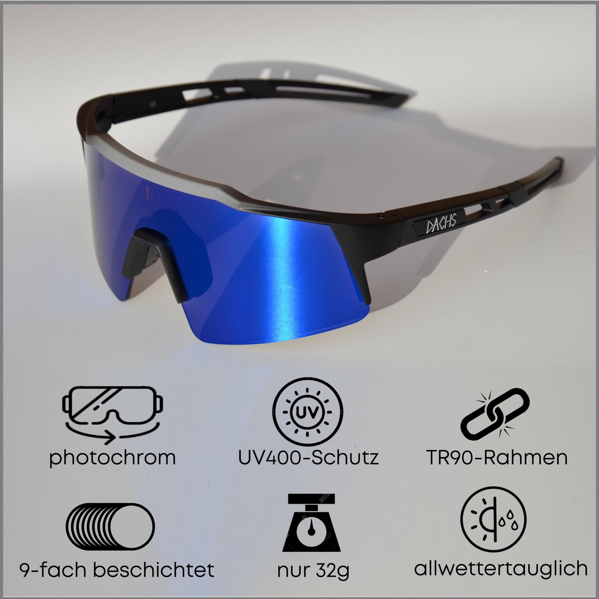 DACHS Photochromatische Sonnenbrille für Rennrad - Unisex UV400 Selbsttönende Fahrradbrille – Rote/Blaue Gläser